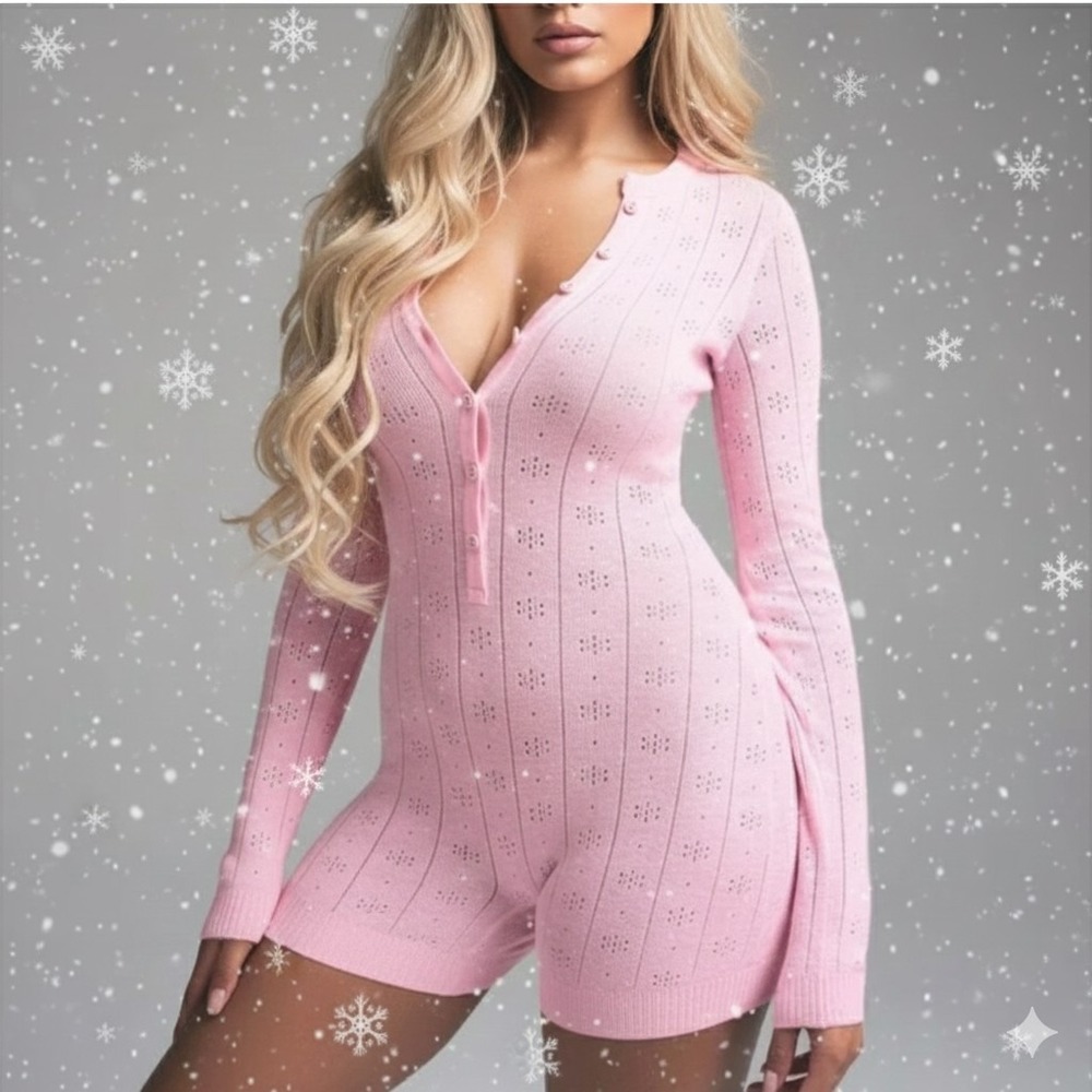New SKIMS $98 Pointelle Sweater Jumper Bodysuit in Baby Pink Romper Henley S